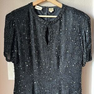 Vintage NEIMAN MARCUS Beaded Silk Short Sleeve Keyhole Mini Dress